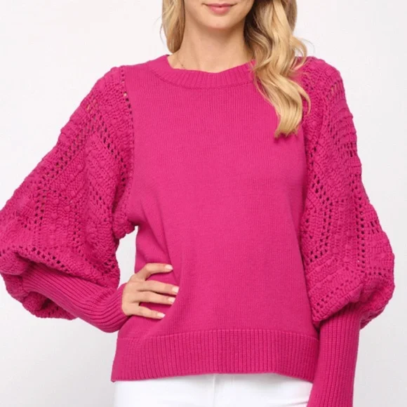 🩷FATE HOT PINK BARBIE CORE HAND KNIT CROCHET BALLOON SLEEVE SWEATER SIZE MEDIUM - Picture 4 of 13